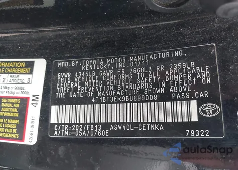 2011 Toyota Camry Le from USA, damaged, VIN 4T1BF3EK9BU699008